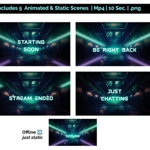 May include: Five animated and static scenes for a Twitch stream, featuring a futuristic neon tunnel with text overlays. The scenes include "Starting Soon", "Be Right Back", "Stream Ended", "Just Chatting", and "Offline".