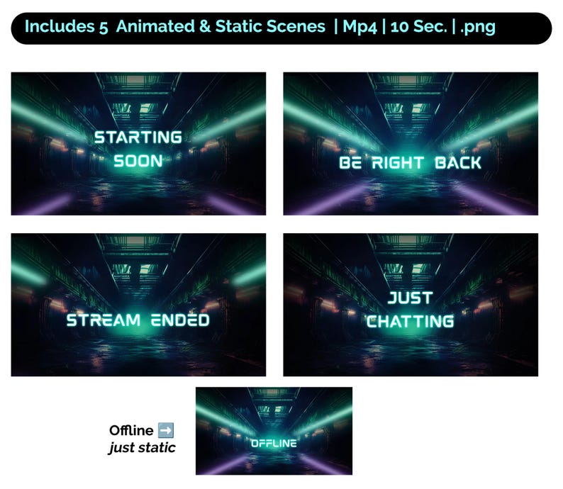 May include: Five animated and static scenes for a Twitch stream, featuring a futuristic neon tunnel with text overlays. The scenes include "Starting Soon", "Be Right Back", "Stream Ended", "Just Chatting", and "Offline".