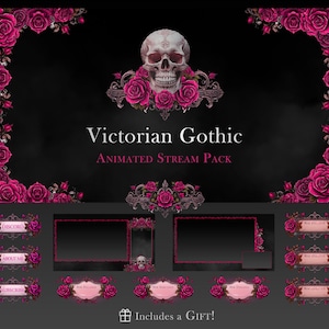 Paquete de transmisiones animadas góticas / Elegante superposición de calavera y rosa para Twitch / Gótico victoriano, negro y rosa, superposiciones de transmisiones / OBS, YouTube