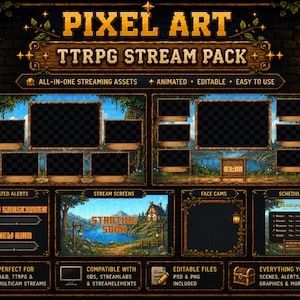 Könnte beinhalten: Ein Pixel-Art-TTRPG-Stream-Paket mit dunklen Holzrahmen, hängenden Laternen und Blattwerk. Enthält animierte Warnmeldungen, Stream-Bildschirme, Face-Cams und eine Zeitplanvorlage. Text PIXEL ART TTRPG STREAM PACK und STARTING SOON.