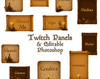 Twitch Stream Panels Set: Cozy Wood & Parchment Design (PSD Editable, PNG)