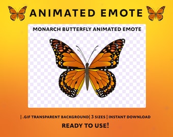 May include: Animated GIF of a monarch butterfly with orange and black wings flying against a transparent background.  The text "ANIMATED EMOTE" and "MONARCH BUTTERFLY ANIMATED EMOTE" is displayed above the butterfly. The text "1.GIF TRANSPARENT BACKGROUND 3 SIZES | INSTANT DOWNLOAD READY TO USE!" is displayed below the butterfly.