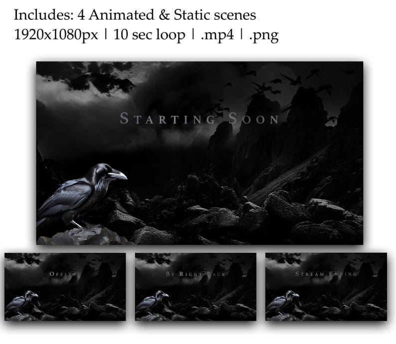 Black Raven Animated Stream Pack | Gothic Crow Overlays, Scenes, Alerts (Twitch, OBS) image 2