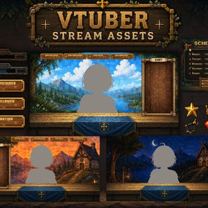 May include: A digital stream asset kit featuring a wooden theme with a title banner reading VTUBER STREAM ASSETS. Includes a schedule board, chat boxes, notification bars for subscribers and followers, and icons like a star, crown, and heart.