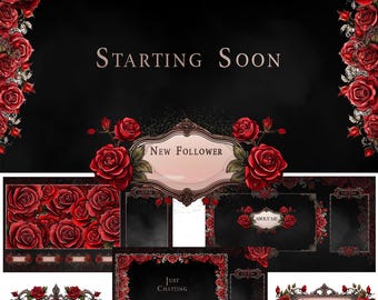 Pacchetto streaming animato Gothic Red Roses: sovrapposizioni Twitch scure, nero e rosso