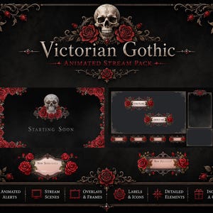 Gothic Roses Stream-pakket | Geanimeerde twitch-overlay, OBS-scènes, Skull VTuber-frames en streammeldingen