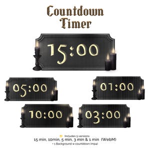 Può includere: Un timer per il conto alla rovescia digitale con un'estetica gotica. Il timer visualizza vari intervalli di tempo: 15:00, 10:00, 05:00, 03:00 e 01:00. Ogni timer è incorniciato da una placca di legno nero e affiancato da candele accese. Il testo "Countdown Timer" è in alto.