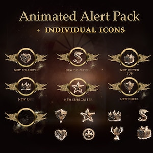 Pode incluir: Pacote de alertas animadas para streamers do Twitch com ícones individuais para novos seguidores, doações, assinaturas presenteadas, incursões, assinantes e aplausos. Os ícones são dourados com um efeito de brilho e apresentam um coração, um sinal de dólar, uma caixa de presente, uma coroa, uma estrela e um diamante.