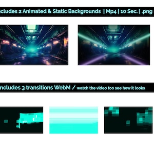 May include: Two animated and static backgrounds in a futuristic setting with neon lights. The backgrounds are in a dark blue and purple colour scheme. The image also shows three transitions in a green and blue colour scheme. The text "Includes 2 Animated & Static Backgrounds | Mp4 | 10 Sec. | .png" and "Includes 3 transitions WebM / watch the video too see how it looks" is included in the image.