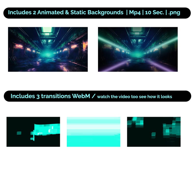 May include: Two animated and static backgrounds in a futuristic setting with neon lights. The backgrounds are in a dark blue and purple colour scheme. The image also shows three transitions in a green and blue colour scheme. The text "Includes 2 Animated & Static Backgrounds | Mp4 | 10 Sec. | .png" and "Includes 3 transitions WebM / watch the video too see how it looks" is included in the image.