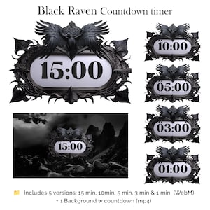 Op de afbeelding: Zwarte raven countdown timer met een zwart frame en raven ontwerp. De timer toont 15:00, met extra versies die 10:00, 05:00, 03:00 en 01:00 tonen. Inclusief een achtergrond met een countdown.