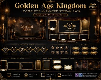Pacchetto streaming Golden Kingdom / Sovrapposizione D&D, schermate TTRPG, scene Twitch medievali