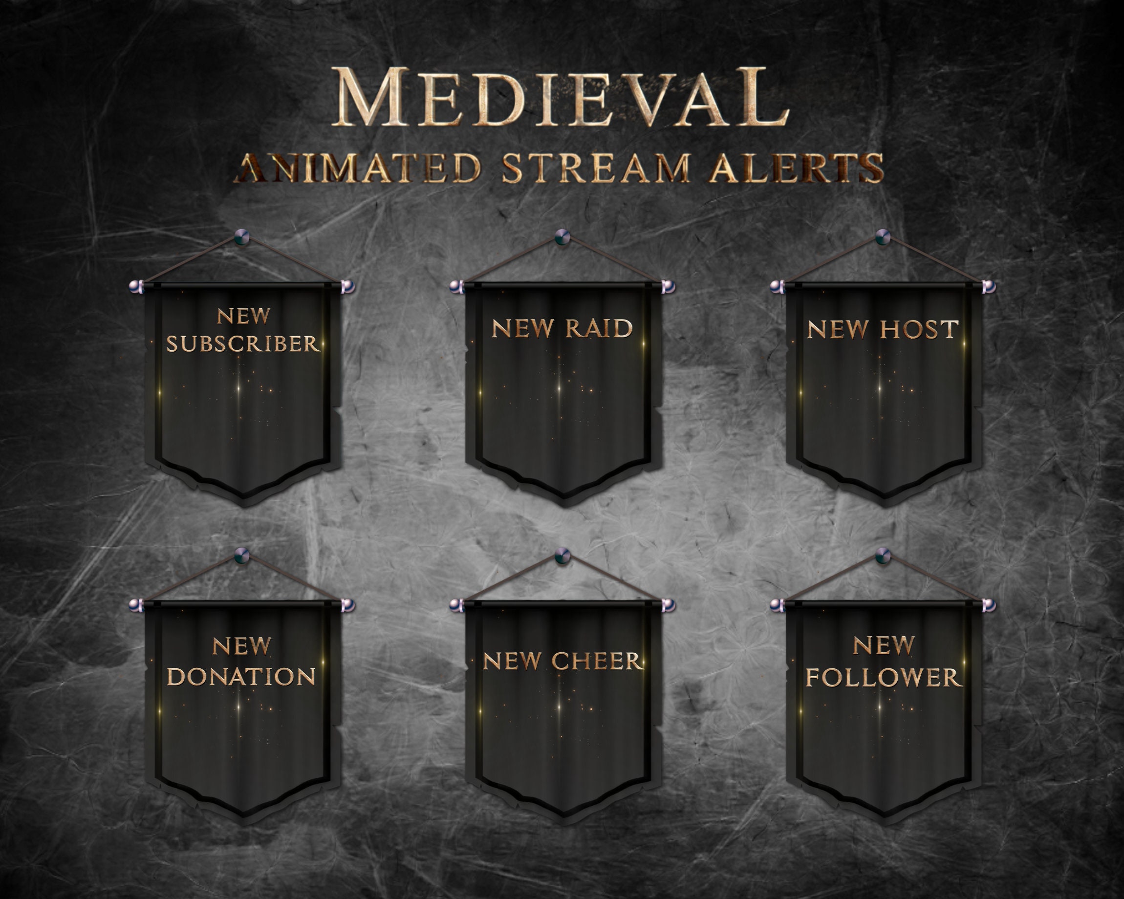 Animated Stream Alerts -  Medieval Twitch Alerts |  Medieval Alert Pack for Streamers | Black & Gold Stream Overlays