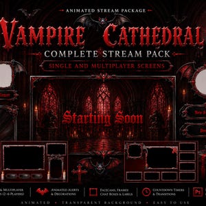 Könnte beinhalten: Ein digitales Stream-Paket namens "Vampire Cathedral" mit einem gotischen Thema. Es zeigt rote und schwarze Elemente, Fledermäuse, einen Kathedralenhintergrund und animierte Overlays für Streaming-Plattformen. Enthält Bildschirme, Benachrichtigungen und Panels.
