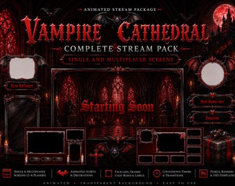 Vampire Stream Pack Animated Overlay | Gothic Cathedral Twitch Screens, Multiplayer DnD Layouts, OBS Alerts, VTuber Frames