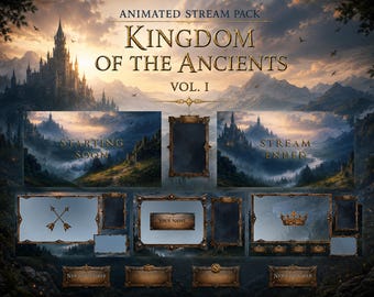 May include: Animated stream pack titled "Kingdom of the Ancients Vol. I." The design features a fantasy landscape with a castle, mountains, and various overlay elements. Text includes "Starting Soon," "Your Name," and "Stream Ended."