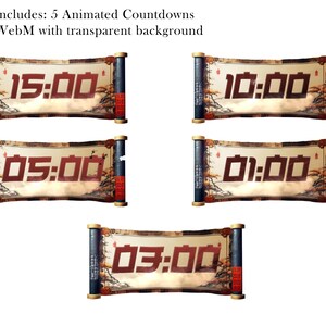 Puede incluir: Cinco temporizadores de cuenta regresiva animados con fondos transparentes. Cada temporizador est&aacute; dise&ntilde;ado como un pergamino con una pantalla de reloj digital en rojo. Los temporizadores muestran 15:00, 10:00, 05:00, 01:00 y 03:00.