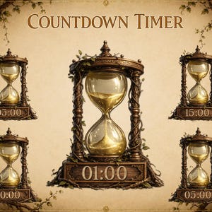 May include: A collection of five hourglasses with bronze-colored frames wrapped in vines, featuring gold sand. The central hourglass displays 01:00, while the others show 03:00, 05:00, 10:00, and 15:00. The text COUNTDOWN TIMER is centered at the top.