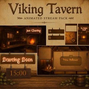 Könnte beinhalten: Ein digitales Viking Tavern animiertes Stream-Paket mit Szenen wie "Just Chatting", "Starting Soon" und "New Follower". Das Paket hat ein rustikales Tavernen-Thema mit Holzschildern, Kerzen und einer warmen, einladenden Atmosphäre.