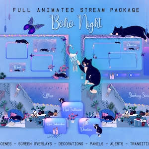 Cat Boho Night Animiertes Stream Paket | Twitch, Youtube | Ästhetisches Thema | Überlagerungsset | ruhige Farbe | Gemütlich | Vtuber Overlay