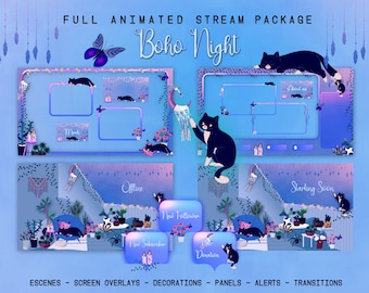 Paquete de transmisión animada de Cat Boho Night: superposiciones para Twitch y YouTube