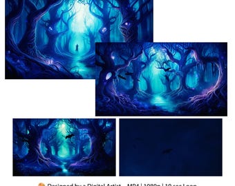 Animated Dark Fantasy Forest Background: Spooky Blue Woods (MP4 & PNG Files)
