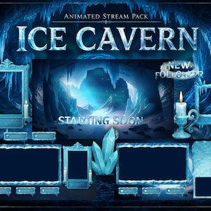 Könnte beinhalten: Ein animiertes Stream-Paket mit dem Thema Eishöhle. Das Design weist ein blau-weißes Farbschema mit eisigen Texturen auf, darunter ein Höhlenhintergrund, Rahmen und dekorative Elemente. Der Text enthält "Ice Cavern" und "Starting Soon."