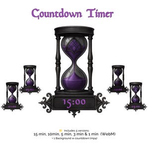 May include: A digital illustration of a black hourglass with purple sand, displaying "15:00" on a rectangular base. Surrounding it are smaller hourglasses showing different time increments. The text "Countdown Timer" is at the top.