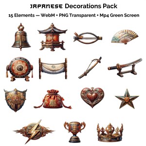 Animated Japanese Decorations Pack: Katana, Pagoda, Bell (WebM, PNG, Green Screen)