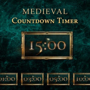 May include: A digital display with the words "MEDIEVAL Countdown Timer" in gold lettering. The main display shows "15:00" in a gold font, with smaller displays below showing "01:00", "03:00", "05:00", and "10:00". The background is a dark teal marble texture.