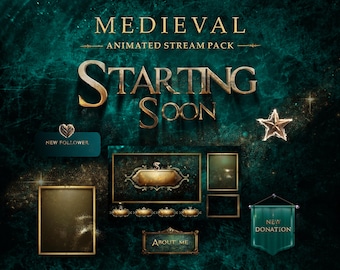 Pacchetto streaming animato medievale, sovrapposizione Twitch verde acqua scuro