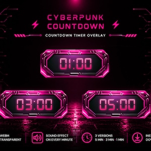 Op de afbeelding: Cyberpunk countdown timer overlay met een futuristisch ontwerp. De afbeelding toont drie digitale timers met 01:00, 03:00 en 05:00 in felroze tegen een zwarte achtergrond. De tekst bevat "WEBM Transparent", "Sound Effect on Every Minute" en "Instant Download".