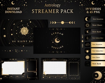 Celestial Twitch Stream Pack: Black and Gold Astrology (Digital Download)