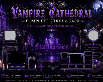 Pacchetto streaming Vampire / Overlay Twitch animato, schermate Cattedrale viola, layout multigiocatore D&D, pacchetto streaming OBS