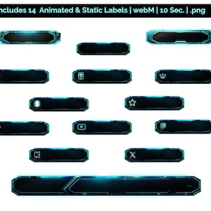 May include: A set of 14 animated and static labels for Twitch or YouTube streams. The labels are in a futuristic, neon blue style with black backgrounds. The labels include icons for heart, gift, crown, pound sign, star, TikTok, YouTube, Twitch, K, X, and a long, horizontal label.