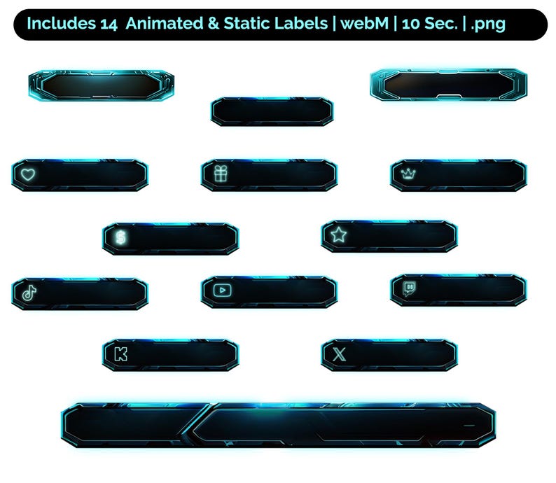 May include: A set of 14 animated and static labels for Twitch or YouTube streams. The labels are in a futuristic, neon blue style with black backgrounds. The labels include icons for heart, gift, crown, pound sign, star, TikTok, YouTube, Twitch, K, X, and a long, horizontal label.