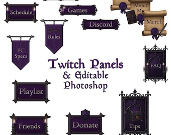 Twitch Stream Panels Set: Purple Gothic Medieval (PSD Editable, PNG)