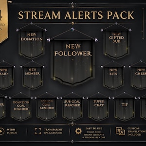 Könnte beinhalten: Dunkle, stilisierte Grafik für Stream-Benachrichtigungen. Das Design zeigt 14 animierte Benachrichtigungen mit Text wie "Neuer Follower" und "Neuer Abonnent" auf hängenden Bannern. Enthält Symbole für Twitch, YouTube und Kick.