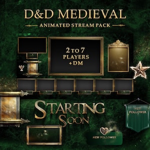 Pakiet nakładek na strumienie DnD, Medieval Green and Gold Twitch, nakładki dla wielu graczy