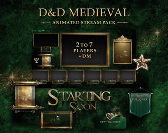 DnD Stream Overlay Pack, Medieval Green and Gold Twitch, Multiplayers overlays