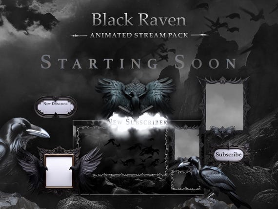 Black Raven Animated Stream Pack | Gothic Dark, Crow | Facecam, Chat, Frames, Starting Soon Scenes, screens
