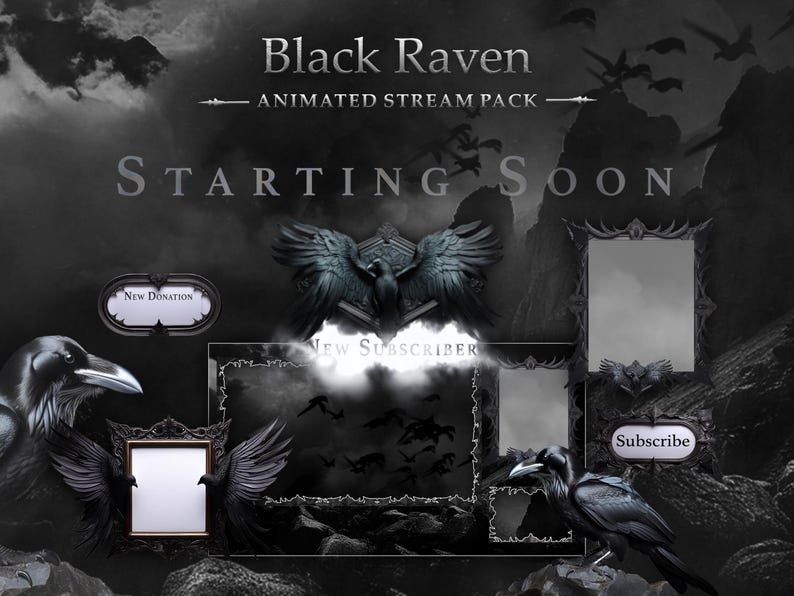 Black Raven Animated Stream Pack | Gothic Crow Overlays, Scenes, Alerts (Twitch, OBS) image 1