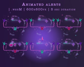 May include: Animated web alerts featuring butterflies and sparkling effects. The alerts are for new raids, cheers, hosts, followers, donations, and subscribers. The text "MAGIC BUTTERFLIES ANIMATED ALERTS | .WEBM | 600x600PX | 5 SEC DURATION" is at the top of the image.