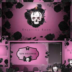 Pacchetto streaming Gothic Raven / Overlay animato rosa e nero per Twitch, teschio, scene, avvisi, OBS, layout verticali per TikTok