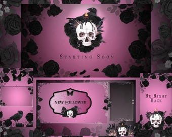 Gothic Raven Stream Package | Pink Black Animated Twitch Overlay, Skull, Scenes, Alerts, OBS, Vertical TikTok Layouts