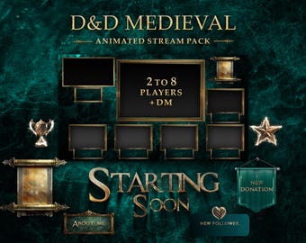 Overlay di streaming di Dungeons and Dragons: overlay di Twitch medievali, verde acqua scuro e oro
