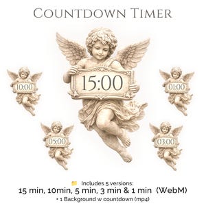 May include: A digital countdown timer featuring cherubic angel figures holding signs with time increments. The main angel displays "15:00", with additional angels showing "10:00", "05:00", "03:00", and "01:00". The text "COUNTDOWN TIMER" is at the top.