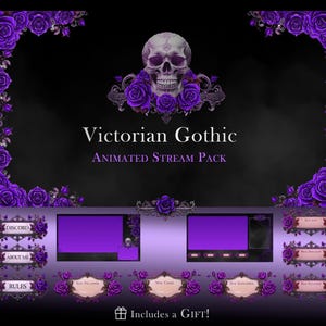 Paquete de transmisión de rosas góticas animadas: superposiciones de Twitch en morado y negro, diseños de calaveras, pantallas victorianas