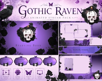 Gothic Raven Twitch-overlaypakket | Purple Witchy-streamschermen, OBS-overlay, geanimeerd streampakket