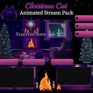 Animated Christmas Kitten Stream Pack: Twitch, OBS, Vtuber Overlays